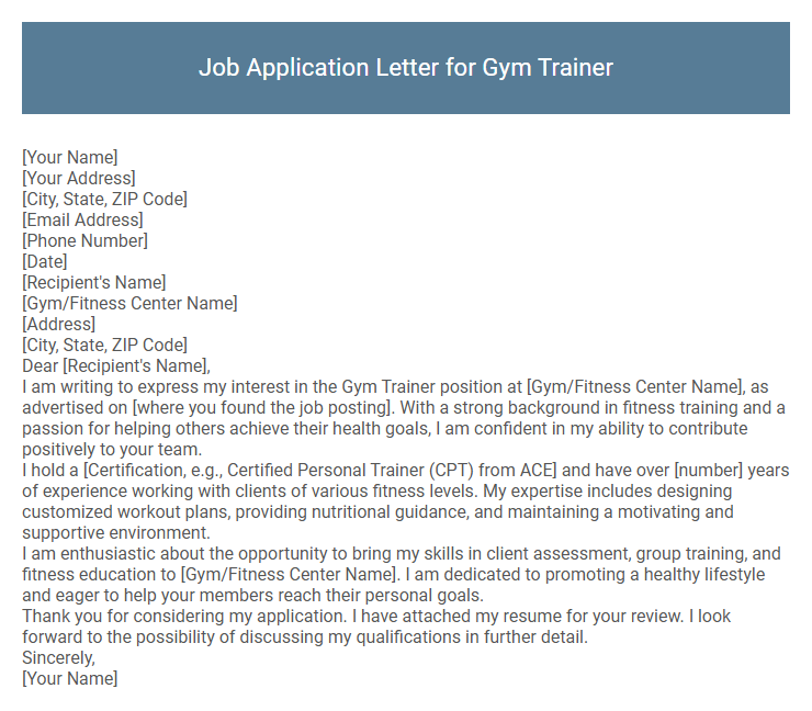 Job Application Letter for Gym Trainer