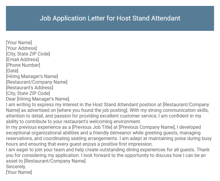 Job Application Letter for Host Stand Attendant