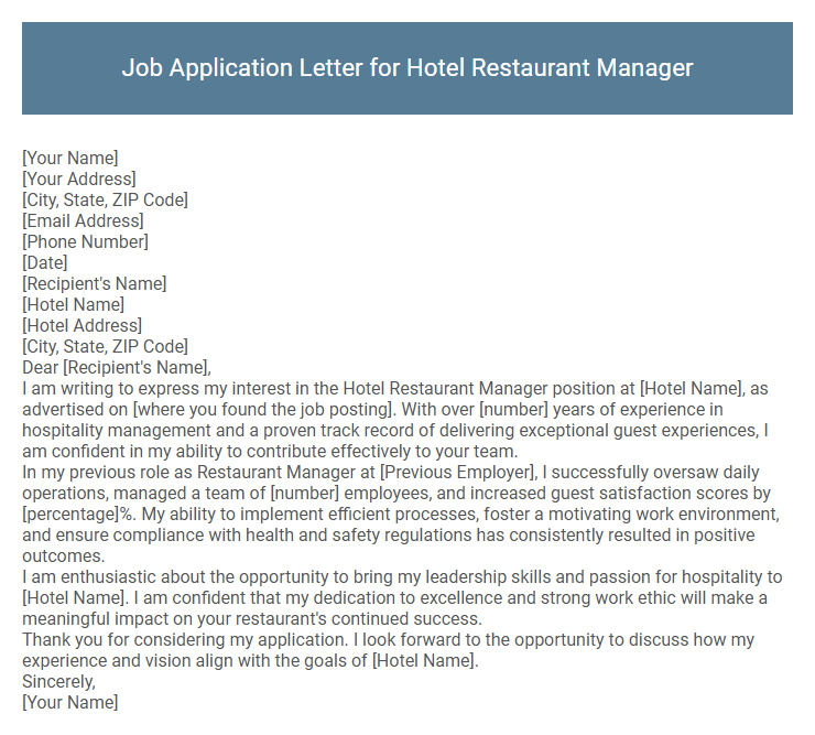 Job Application Letter for Hotel Restaurant Manager