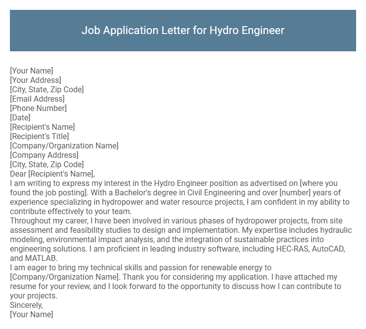 Job Application Letter for Hydro Engineer