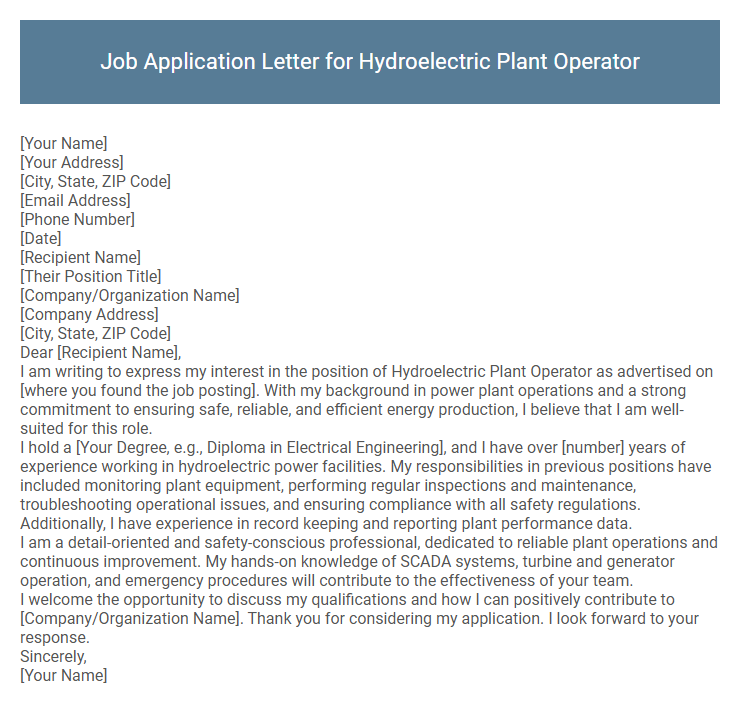 Job Application Letter for Hydroelectric Plant Operator