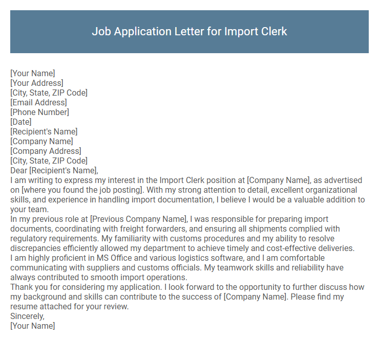 Job Application Letter for Import Clerk