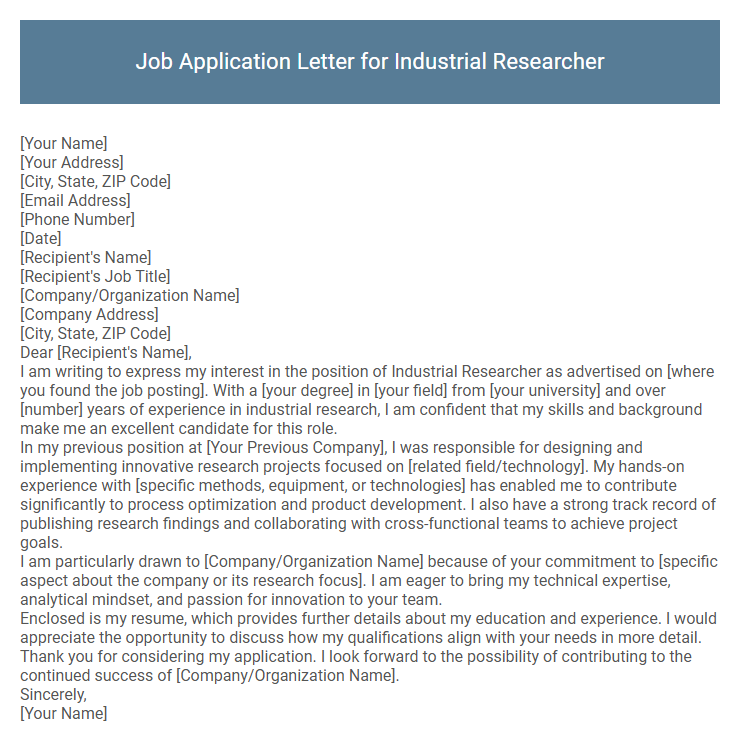 Job Application Letter for Industrial Researcher