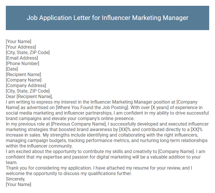 Job Application Letter for Influencer Marketing Manager