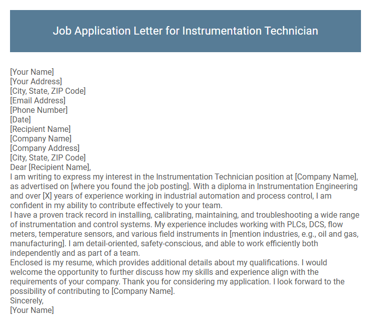 Job Application Letter for Instrumentation Technician