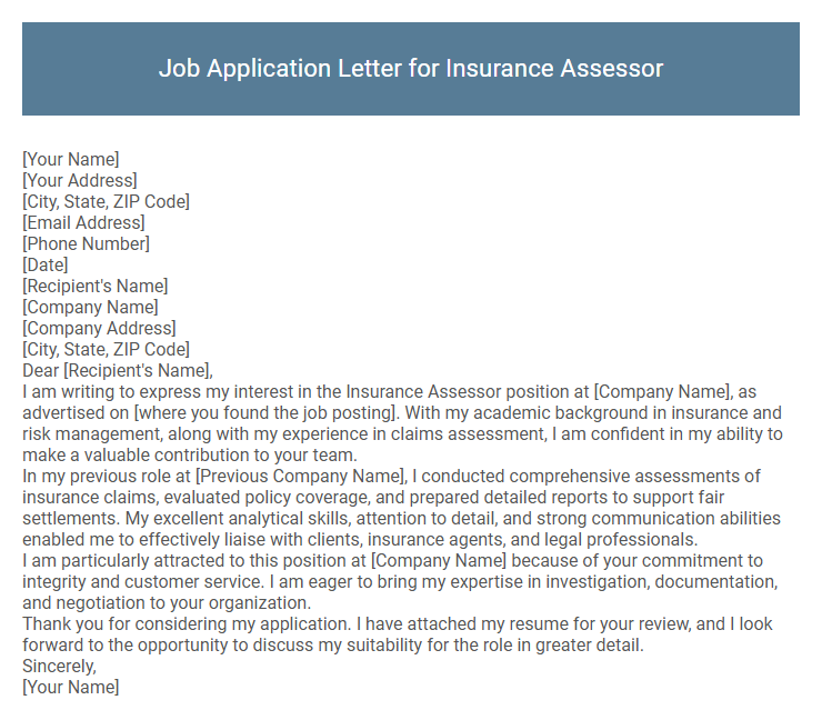 Job Application Letter for Insurance Assessor
