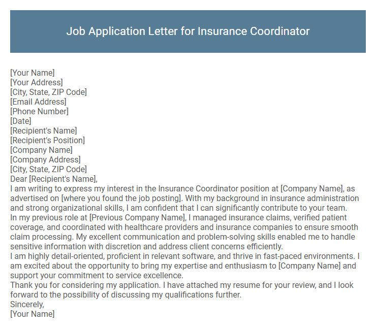 Job Application Letter for Insurance Coordinator
