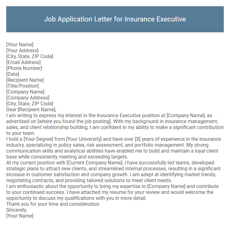 Job Application Letter for Insurance Executive