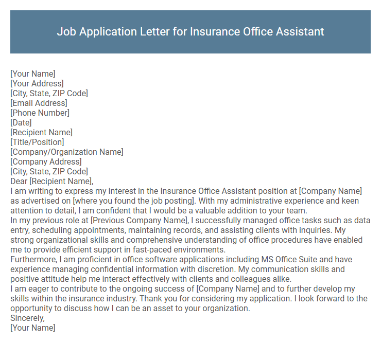 Job Application Letter for Insurance Office Assistant
