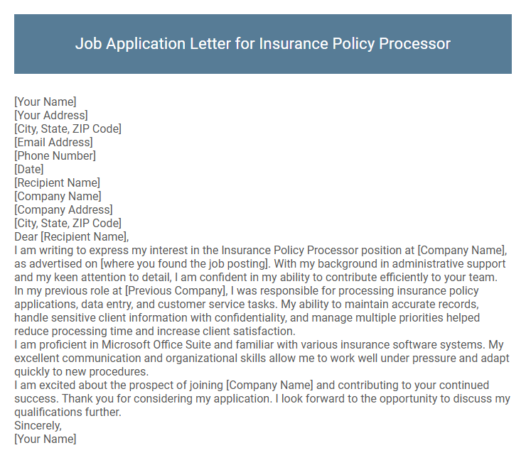 Job Application Letter for Insurance Policy Processor