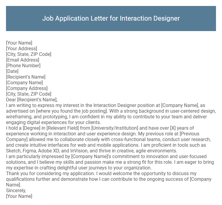 Job Application Letter for Interaction Designer