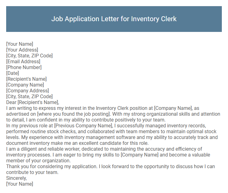 Job Application Letter for Inventory Clerk