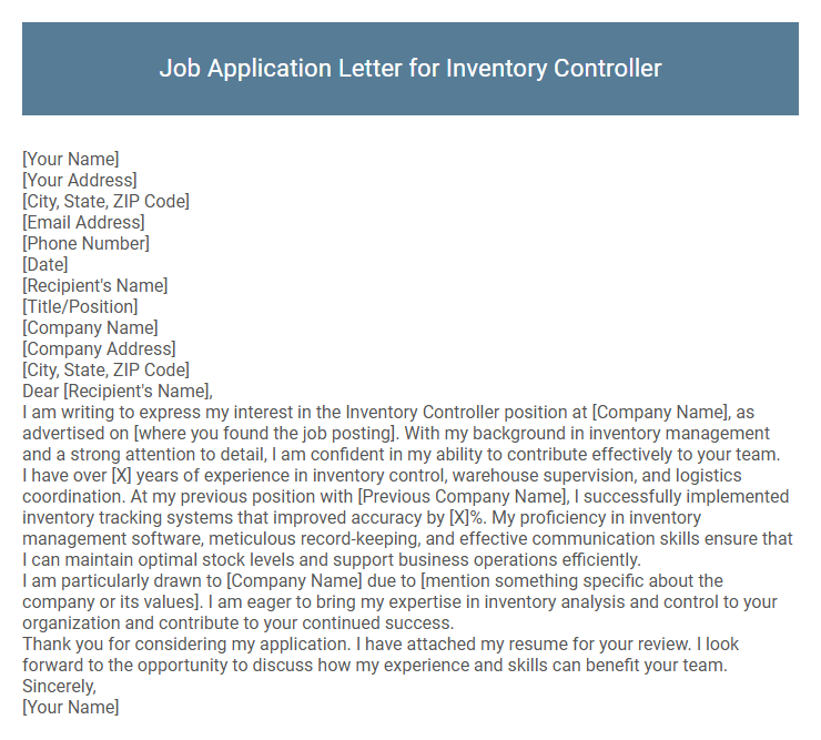 Job Application Letter for Inventory Controller