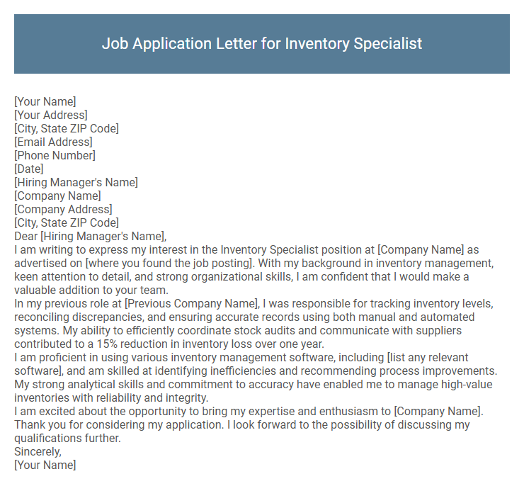 Job Application Letter for Inventory Specialist