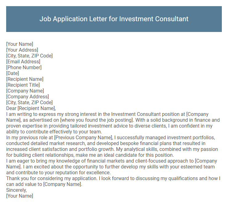 Job Application Letter for Investment Consultant