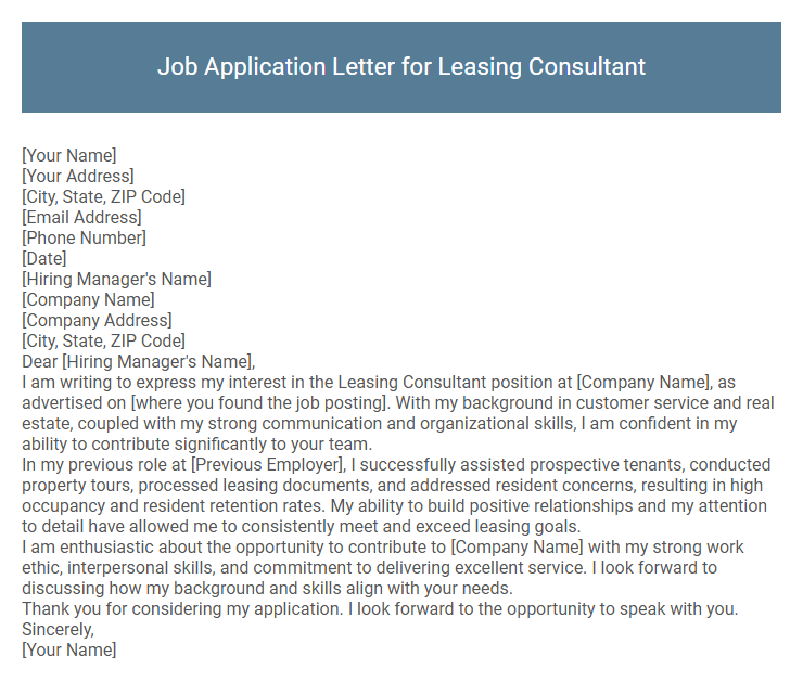 Job Application Letter for Leasing Consultant