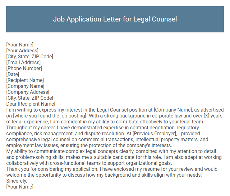 Job Application Letter for Legal Counsel