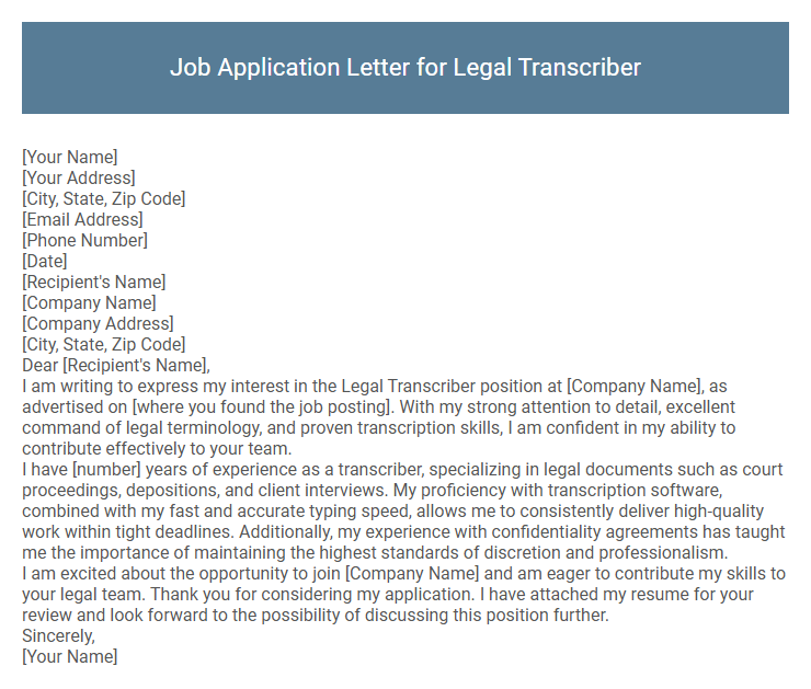 Job Application Letter for Legal Transcriber
