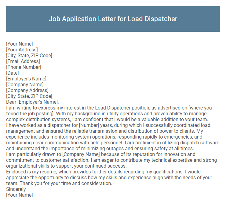 Job Application Letter for Load Dispatcher