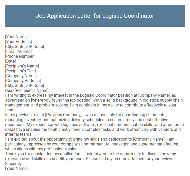 Job Application Letter for Logistic Coordinator