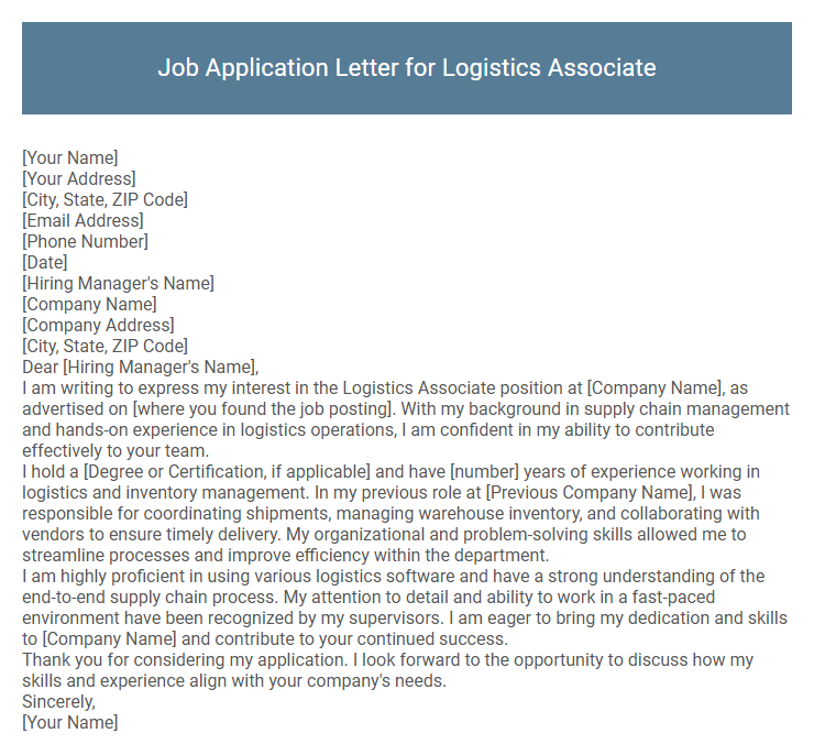 Job Application Letter for Logistics Associate