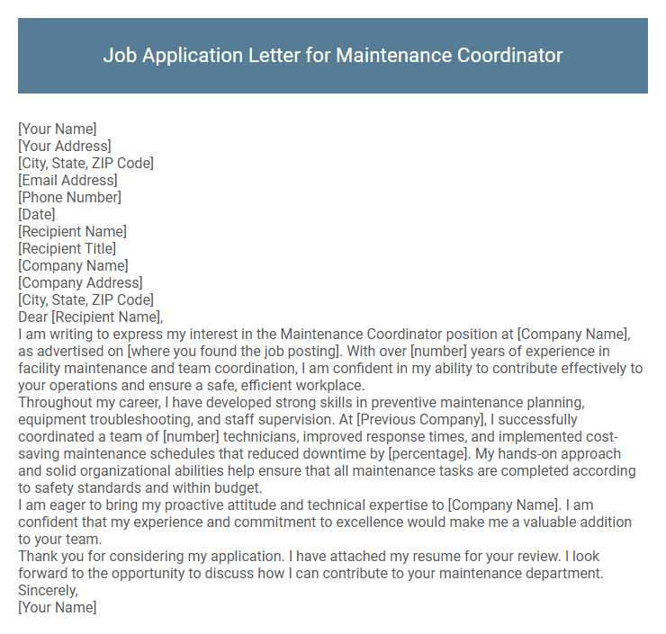Job Application Letter for Maintenance Coordinator