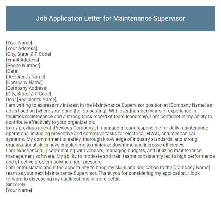 Job Application Letter for Maintenance Supervisor