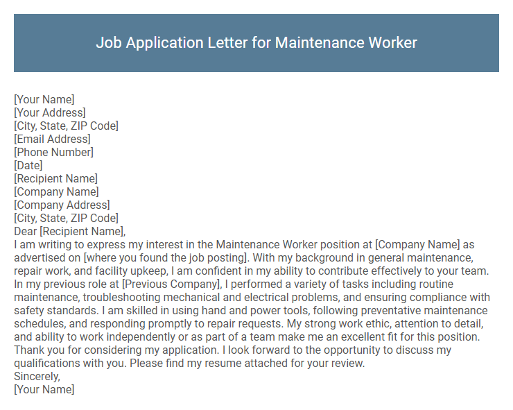 Job Application Letter for Maintenance Worker
