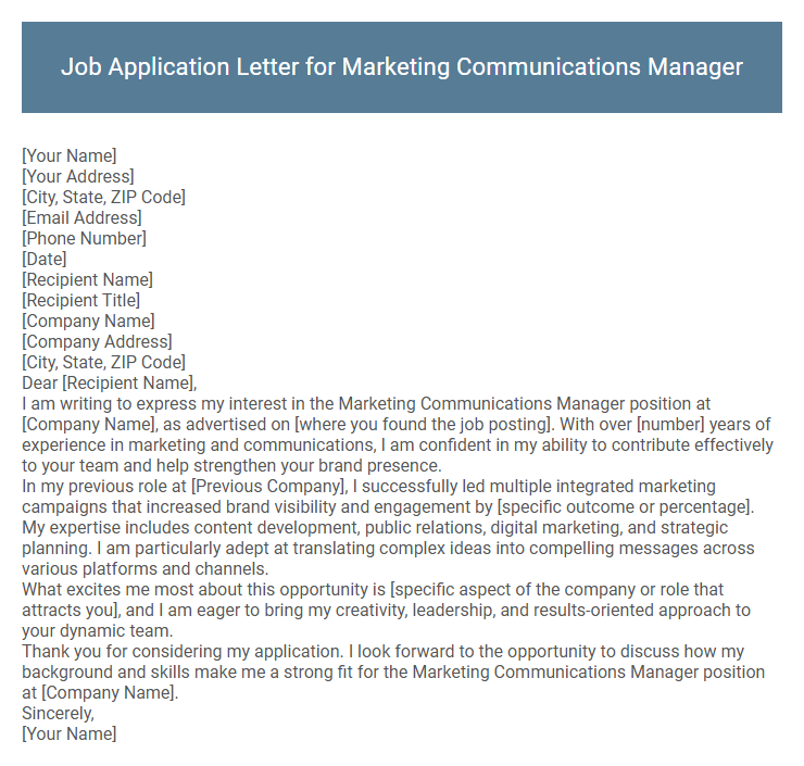 Job Application Letter for Marketing Communications Manager