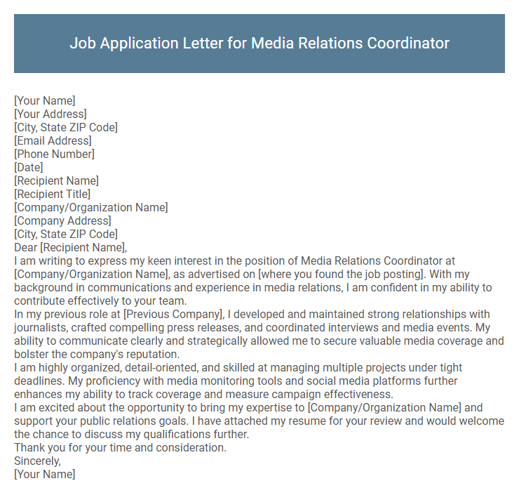Job Application Letter for Media Relations Coordinator