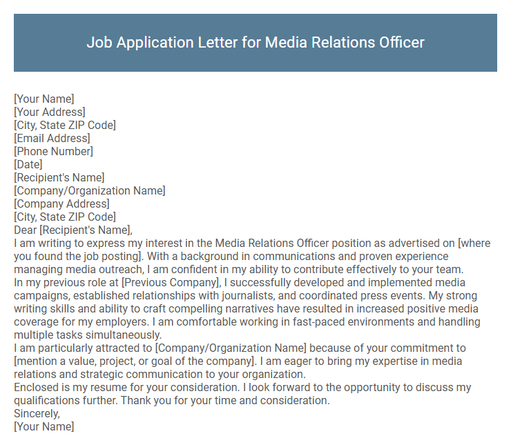 Job Application Letter for Media Relations Officer