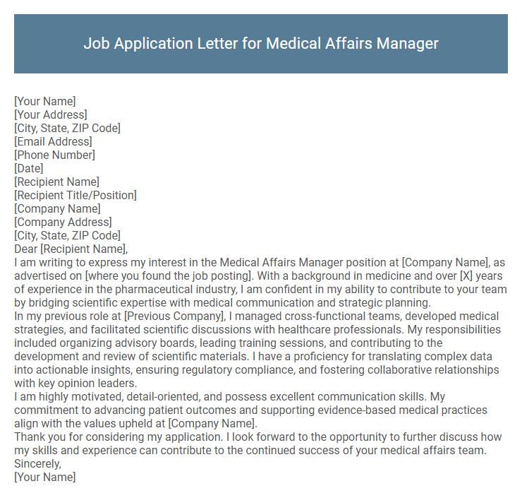 Job Application Letter for Medical Affairs Manager