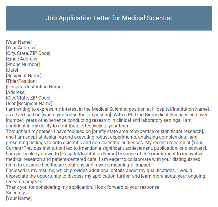 Job Application Letter for Medical Scientist