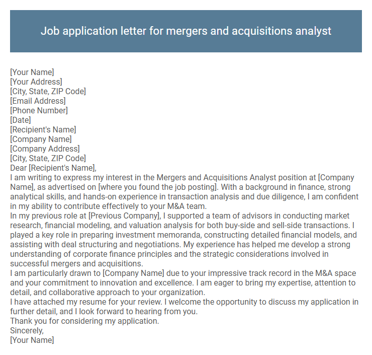Job application letter for mergers and acquisitions analyst