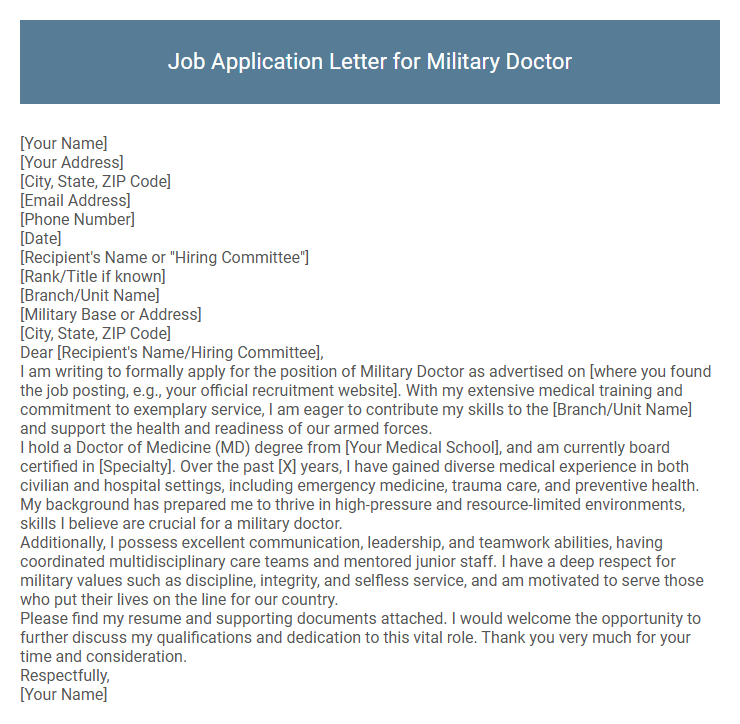 Job Application Letter for Military Doctor