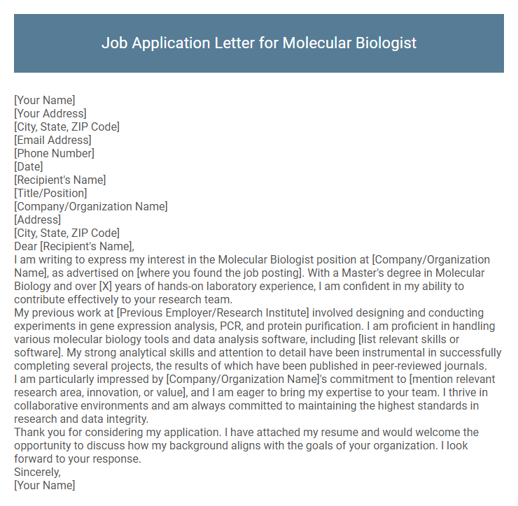 Job Application Letter for Molecular Biologist