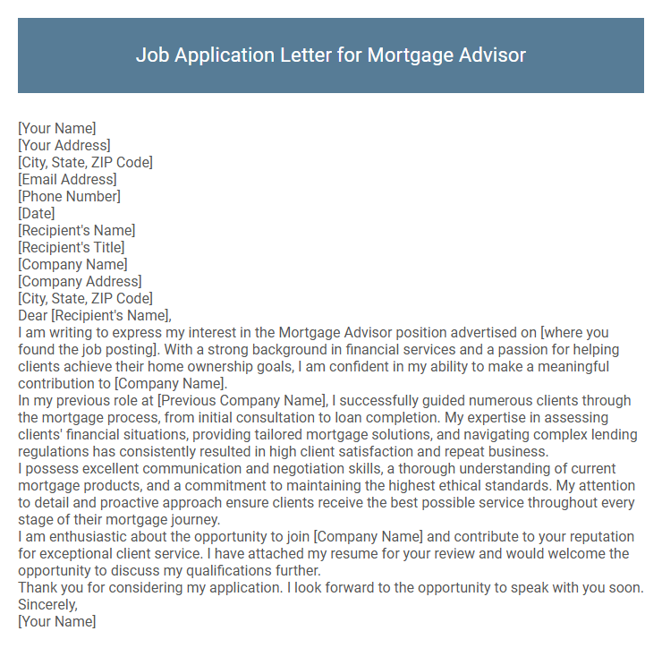 Job Application Letter for Mortgage Advisor
