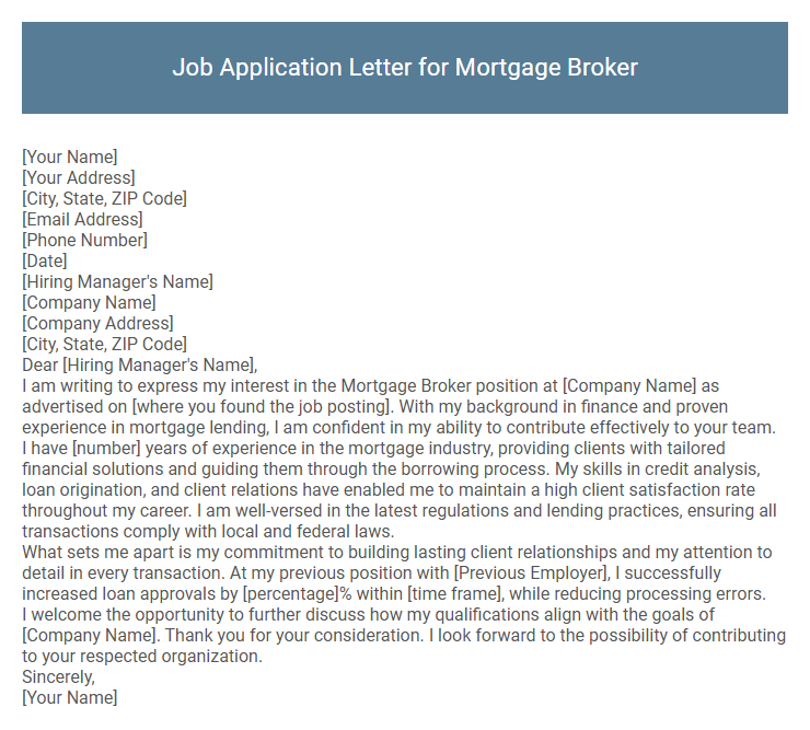Job Application Letter for Mortgage Broker