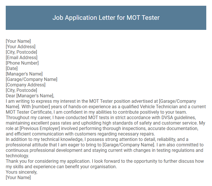 Job Application Letter for MOT Tester