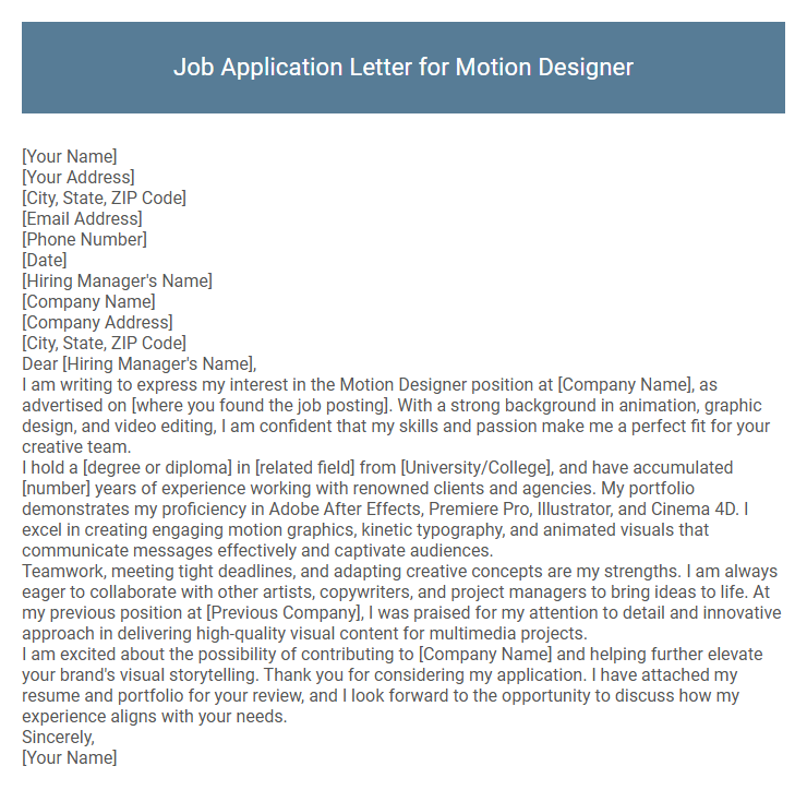 Job Application Letter for Motion Designer