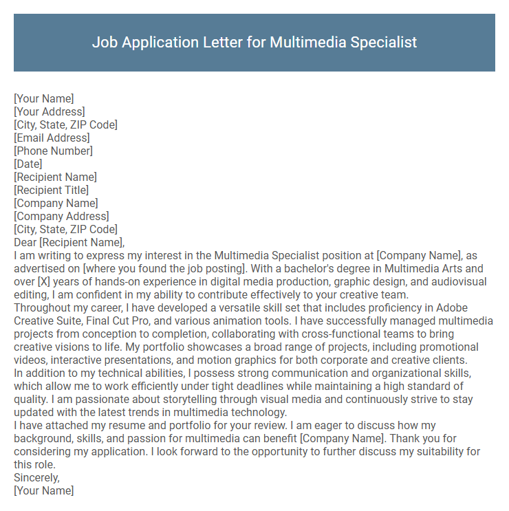 Job Application Letter for Multimedia Specialist