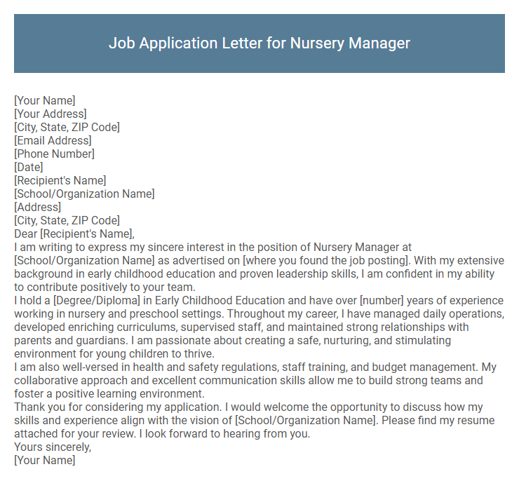 Job Application Letter for Nursery Manager