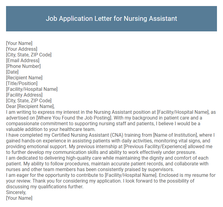 Job Application Letter for Nursing Assistant