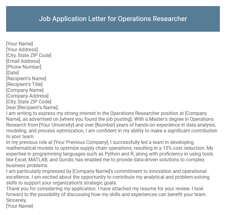 Job Application Letter for Operations Researcher