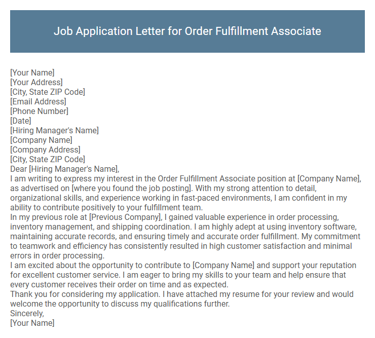 Job Application Letter for Order Fulfillment Associate