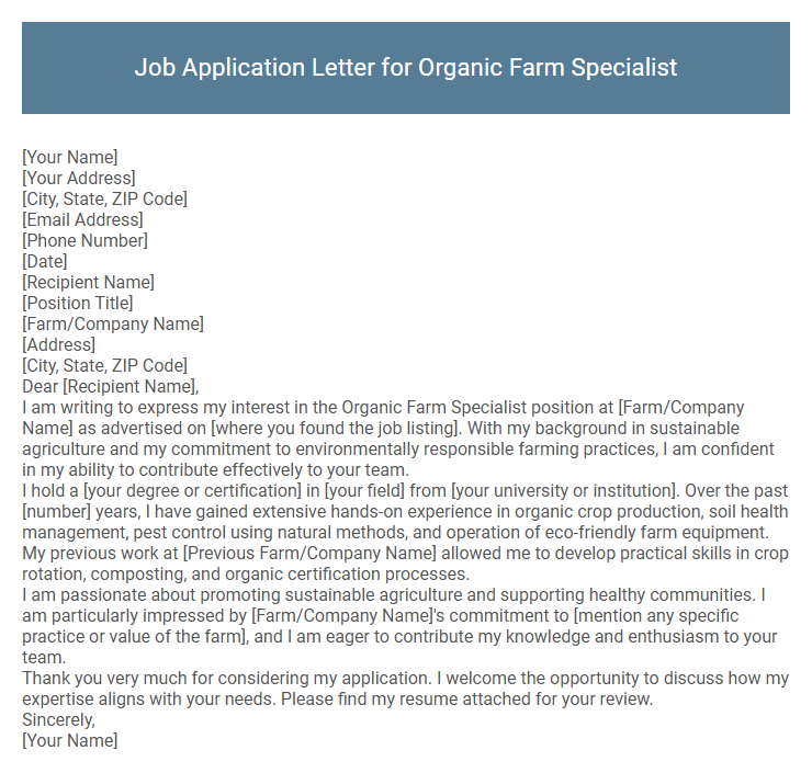Job Application Letter for Organic Farm Specialist