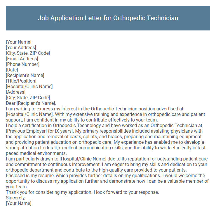 Job Application Letter for Orthopedic Technician