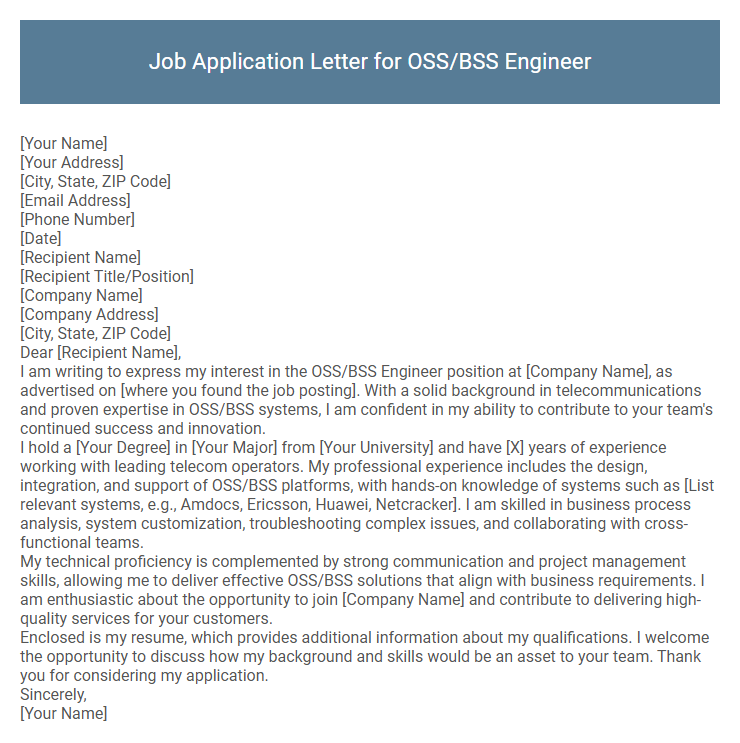 Job Application Letter for OSS/BSS Engineer