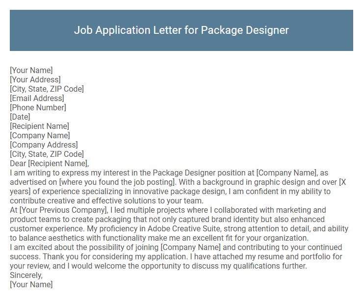Job Application Letter for Package Designer