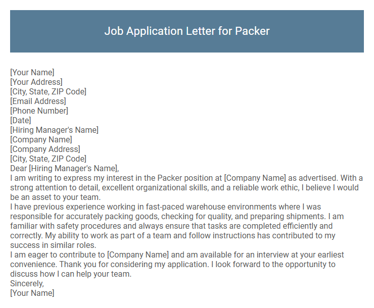 Job Application Letter for Packer